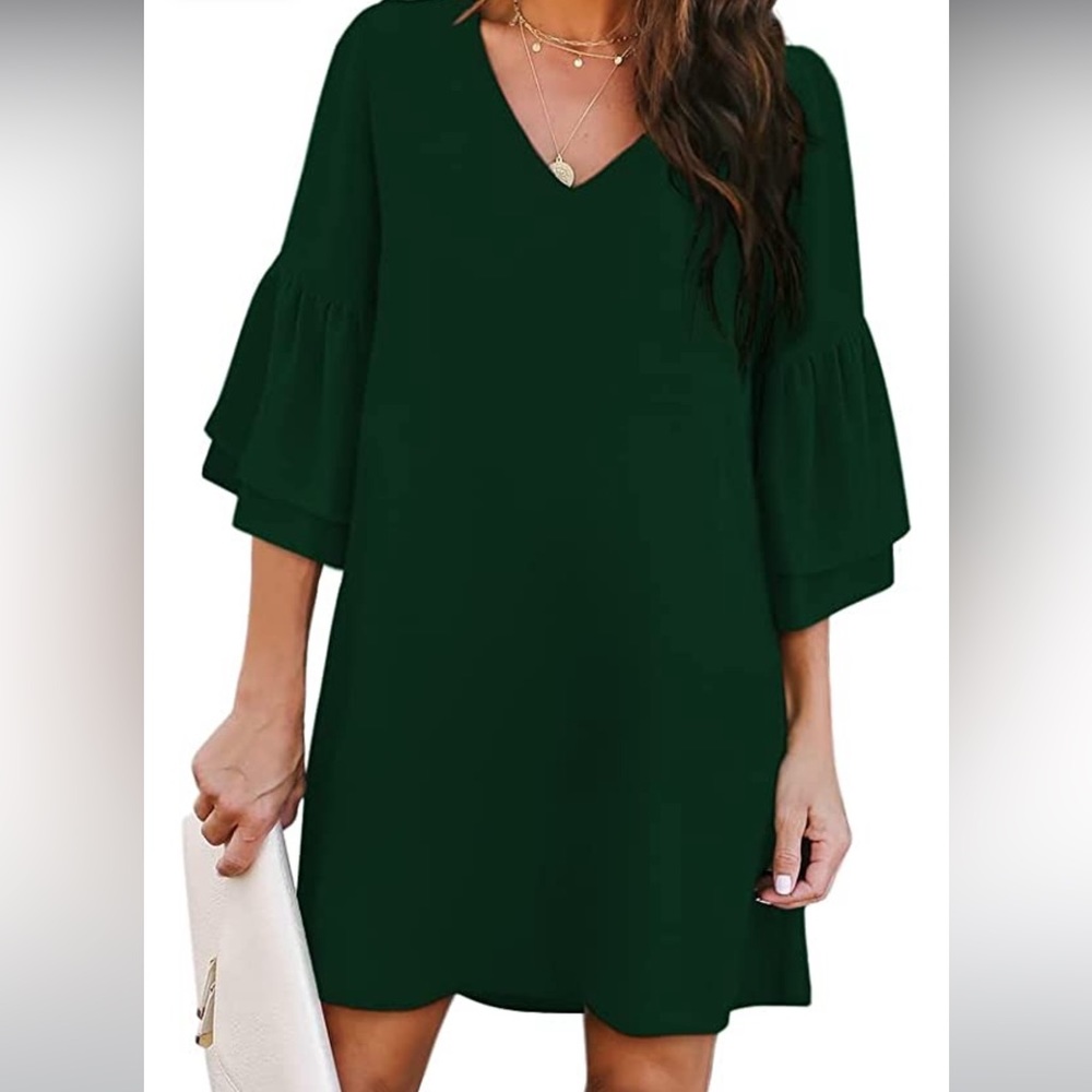 Women's Cute V-Neck Bell Sleeve Shift Dress Mini Dress in XXL dark green